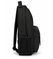 Side view of the black Wires school backpack showing its profile, shoulder straps and mesh side pocket.