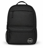 Front view of the black Wires 19-inch school backpack showing its zipped front compartments and side mesh pockets.