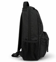 Side view of the black Wires school backpack showing its depth, shoulder straps and mesh side pocket.