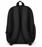 Back view of the black Wires school backpack showing the padded shoulder straps, back panel and top handle.
