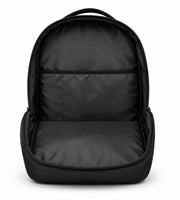 Open interior view of the black Wires school backpack showing its lined main compartment and internal sleeve.