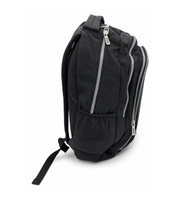 Side view of Wires Backpack in Black Zip-front.
